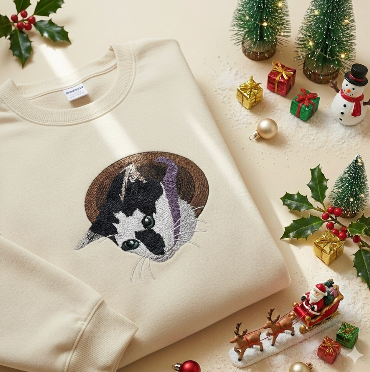 Hình thêu 1 mặt pet siêu chi tiết trên áo nỉ, tặng miễn phí tên/icon trên tay áo.