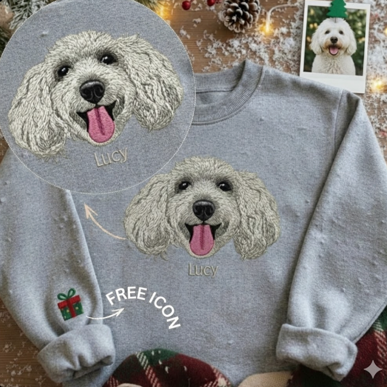 Hình thêu 1 mặt "bé iu" siêu chi tiết trên áo nỉ cổ tròn, miễn phí hình thêu tên/icon trên tay áo