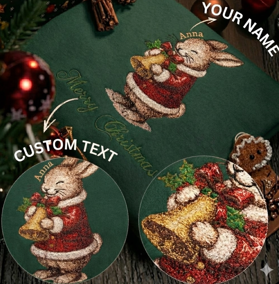 Mẫu thêu Giáng Sinh trên áo nỉ phối cùng chữ Merry Christmas và tên riêng tuỳ chỉnh.