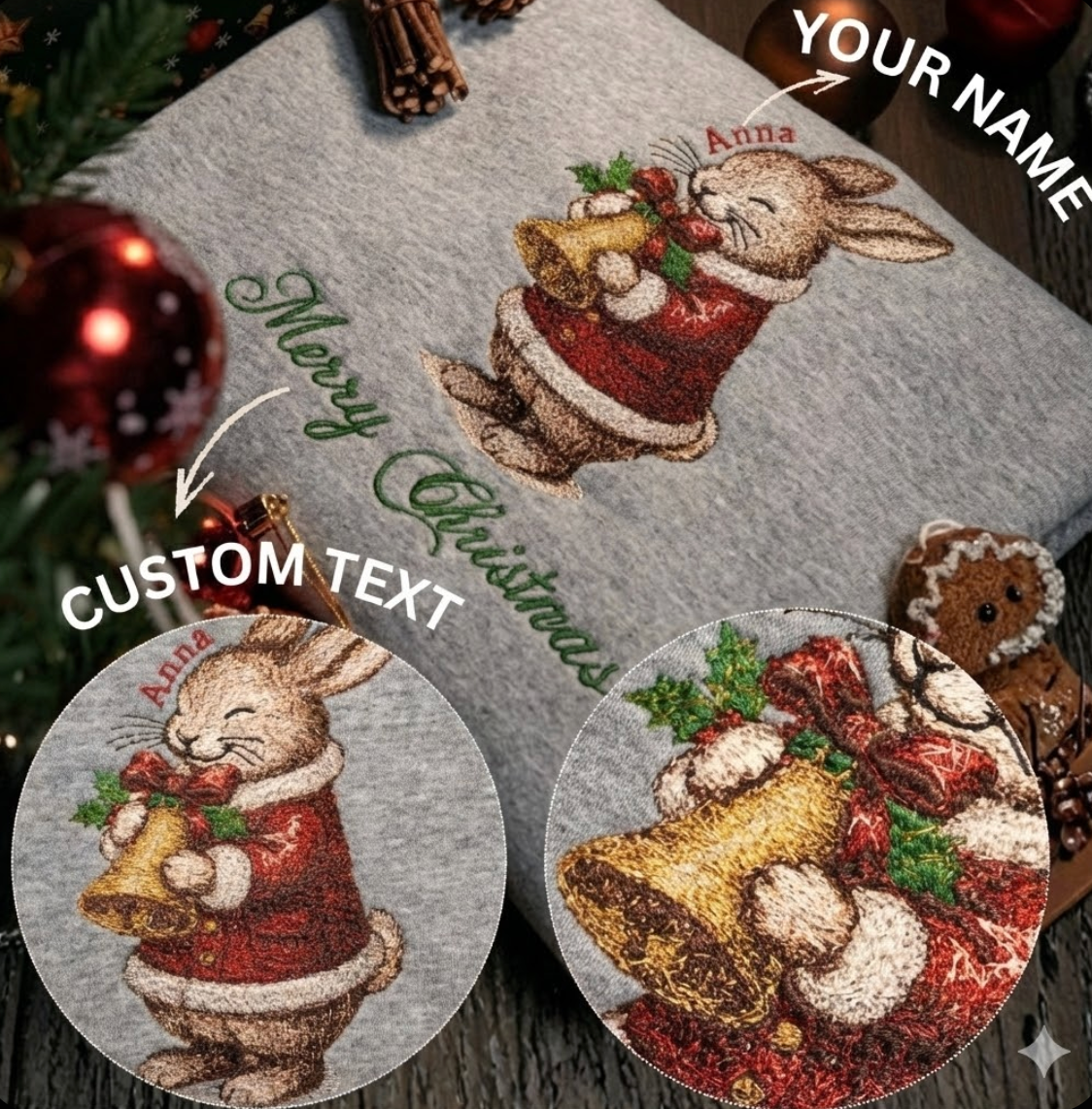 Mẫu thêu Giáng Sinh trên áo nỉ phối cùng chữ Merry Christmas và tên riêng tuỳ chỉnh.