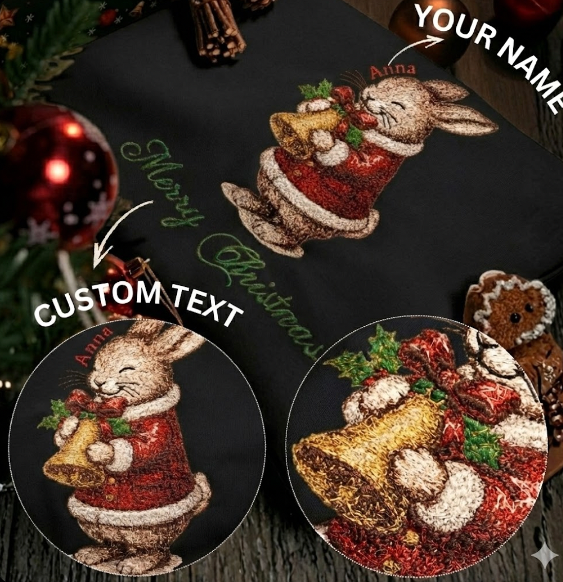 Mẫu thêu Giáng Sinh trên áo nỉ phối cùng chữ Merry Christmas và tên riêng tuỳ chỉnh.