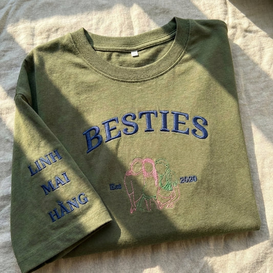 Áo sweater thêu ảnh nét viền tối giản và tên hoặc biểu tượng trên tay áo, tặng đôi bạn thân, được chọn kiểu áo