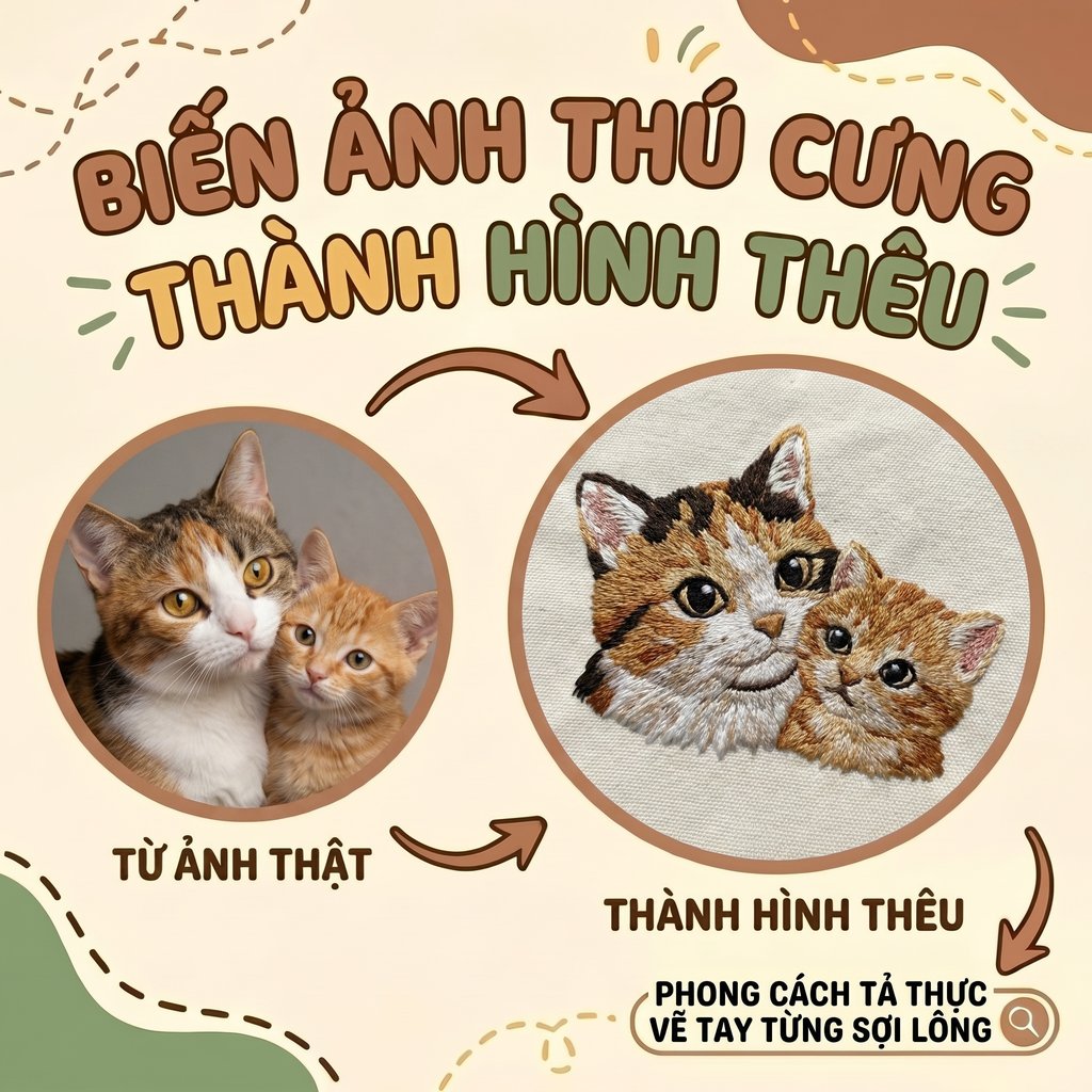 Thêu gảy sợi chi tiết tả thực toàn thân Mèo Vẽ tay diễn họa chi tiết nhỏ từ ảnh thật