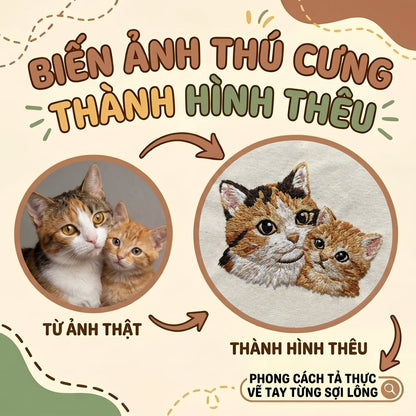 Thêu gảy sợi chi tiết tả thực toàn thân Mèo Vẽ tay diễn họa chi tiết nhỏ từ ảnh thật