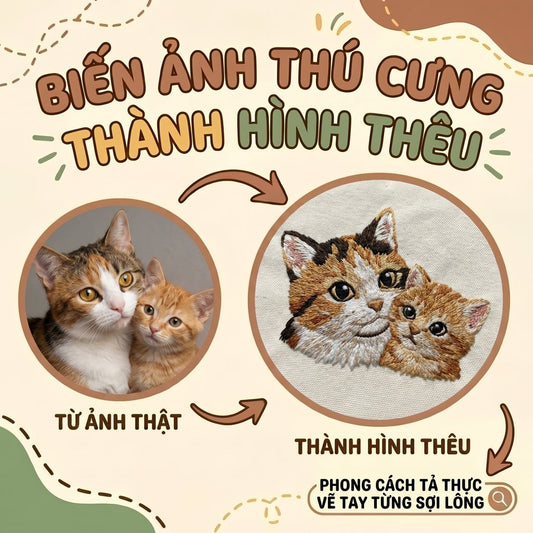 Thêu gảy sợi chi tiết tả thực toàn thân Mèo Vẽ tay diễn họa chi tiết nhỏ từ ảnh thật
