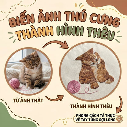 Thêu gảy sợi chi tiết tả thực toàn thân Mèo Vẽ tay từng sợi lông Phối họa tiết đính nổi từ ảnh thật