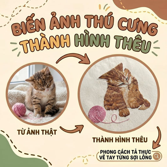 Thêu gảy sợi chi tiết tả thực toàn thân Mèo Vẽ tay từng sợi lông Phối họa tiết đính nổi từ ảnh thật