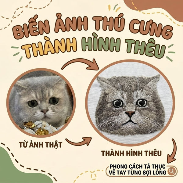 Thêu gảy sợi chi tiết tả thực gương mặt Mèo Vẽ tay chuyển màu lông theo yêu cầu