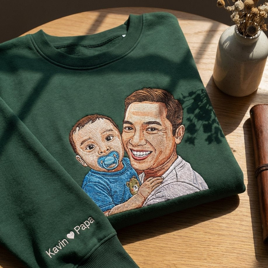 Áo thêu bố và con trai từ ảnh thật tả thực biểu cảm nhân vật, quà mẹ tặng bố, được chọn kiểu áo