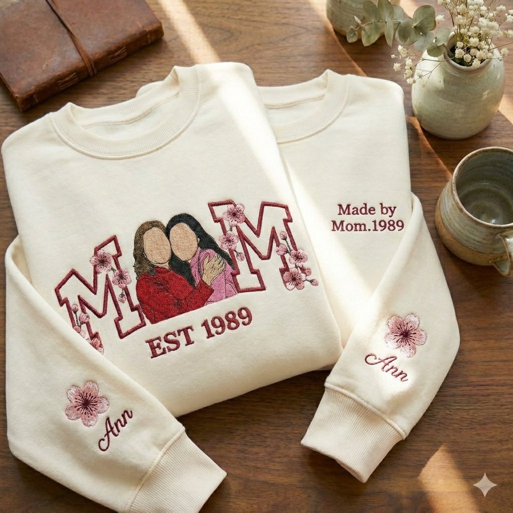 Áo thêu  ảnh mẹ và con gái làm đồ đôi, chữ Mẹ kèm tên con ở tay áo, quà tặng mẹ, đồng phục gia đình, được chọn kiểu áo