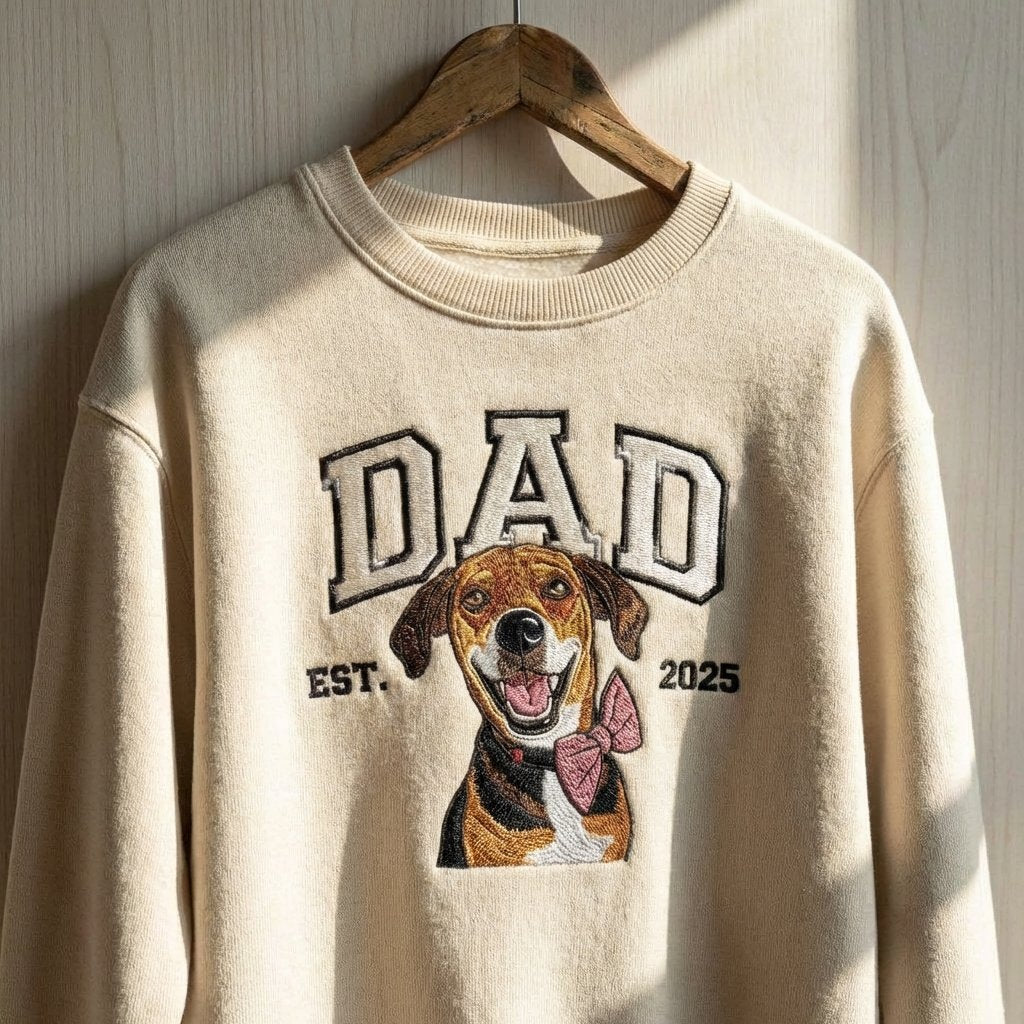 Áo sweater thêu chó cưng từ ảnh thật, phong cách nghệ thuật vẽ tay rõ chi tiết từng sợi lông, tặng bố cún cưng, được chọn kiểu áo