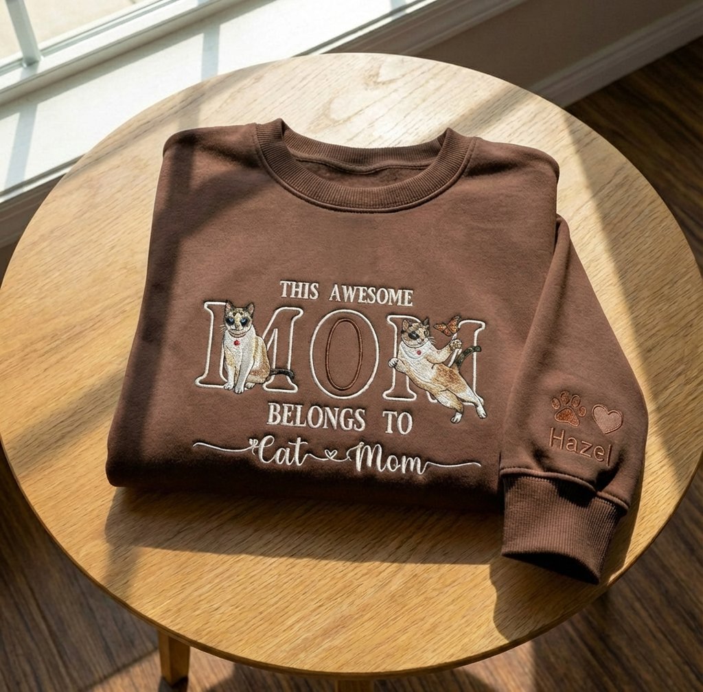 Áo thêu mèo lãng mạn từ ảnh mèo thật, quà tặng cho người yêu mèo, biến khoảng khắc thú cưng thành hình thêu nghệ thuật tặng chủ thú cưng, kiểu thêu và phôi áo tùy chỉnh
