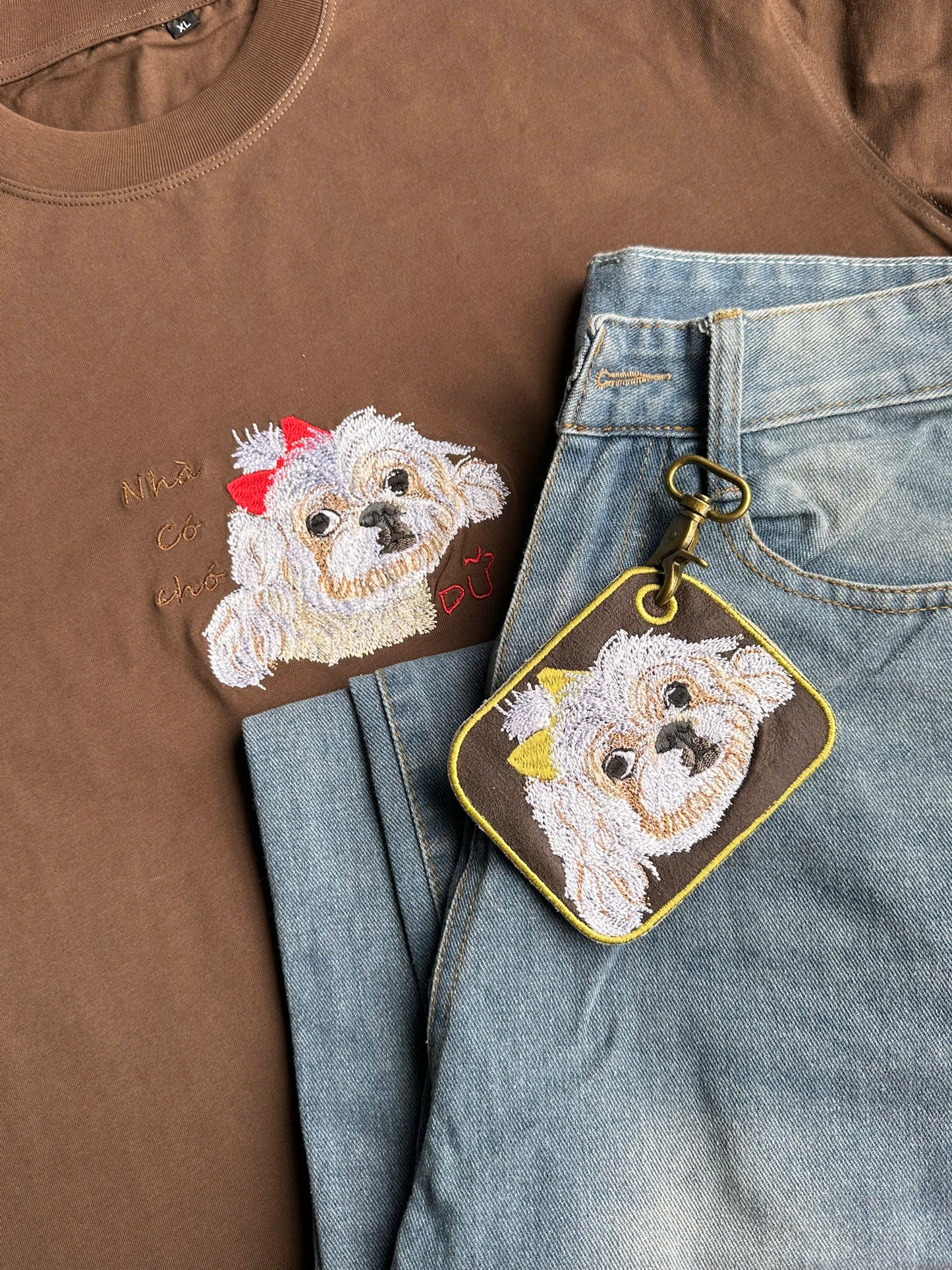 Set 2 món thiết kế thú cưng theo yêu cầu: Áo phông + móc khóa