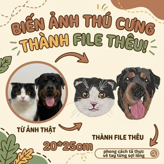 Thêu gảy sợi chi tiết tả thực gương mặt Cún cưng Vẽ tay từng sợi lông Chữ lớn cartoon theo yêu cầu