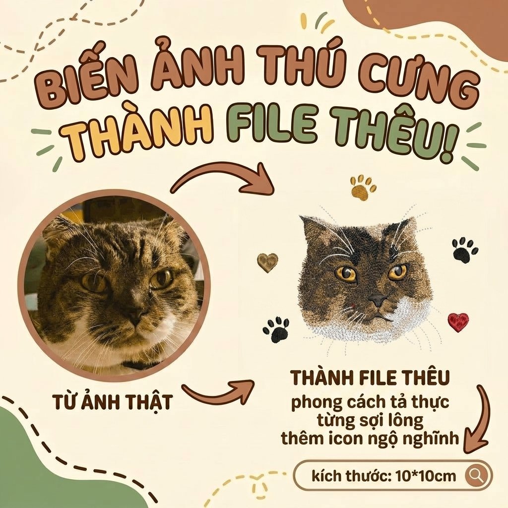 Thêu gảy sợi chi tiết tả thực gương mặt Mèo Vẽ tay từng sợi lông Chữ lớn và icon ngộ nghĩnh theo hình yêu cầu