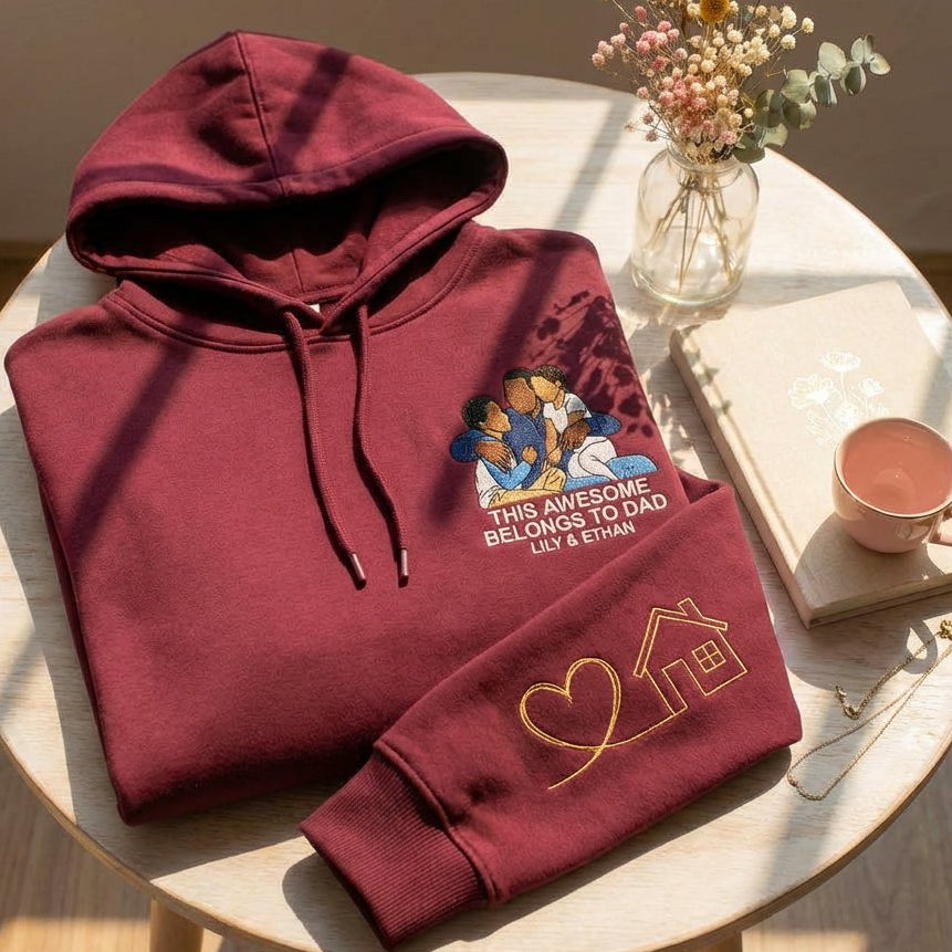 Áo hoodie thêu hình ảnh bố và các con, chuyển thể từ ảnh thật, quà Ngày của Cha tặng bố, được chọn kiểu áo