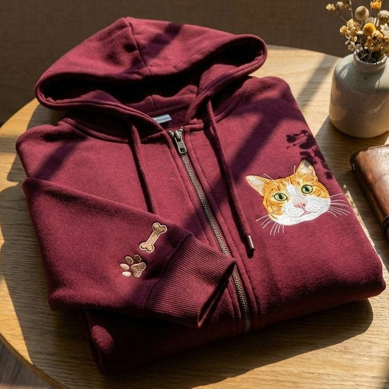 Áo hoodie thêu chân dung mèo mảng màu sống động vẽ tay từ ảnh thật, quà tặng cá nhân hóa dành cho chủ mèo, được chọn kiểu áo và kiểu thêu