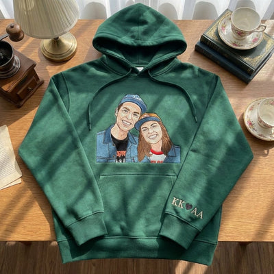 Áo hoodie thêu ảnh cặp đôi từ ảnh thật, kiểu thêu vẽ tay biểu cảm gương mặt, quà tặng cặp đôi, được chọn kiểu áo