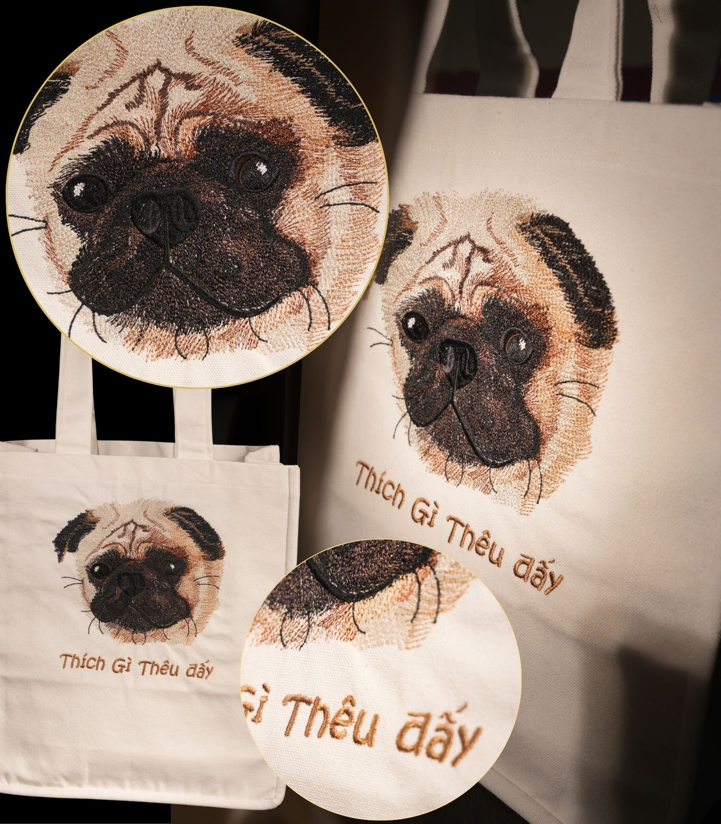 Túi thêu 1 mặt nhân vật thú cưng nhiều kích cỡ