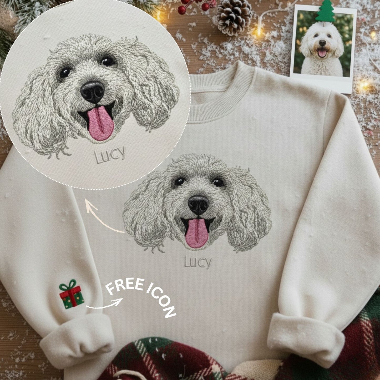 Hình thêu 1 mặt "bé iu" siêu chi tiết trên áo nỉ cổ tròn, miễn phí hình thêu tên/icon trên tay áo