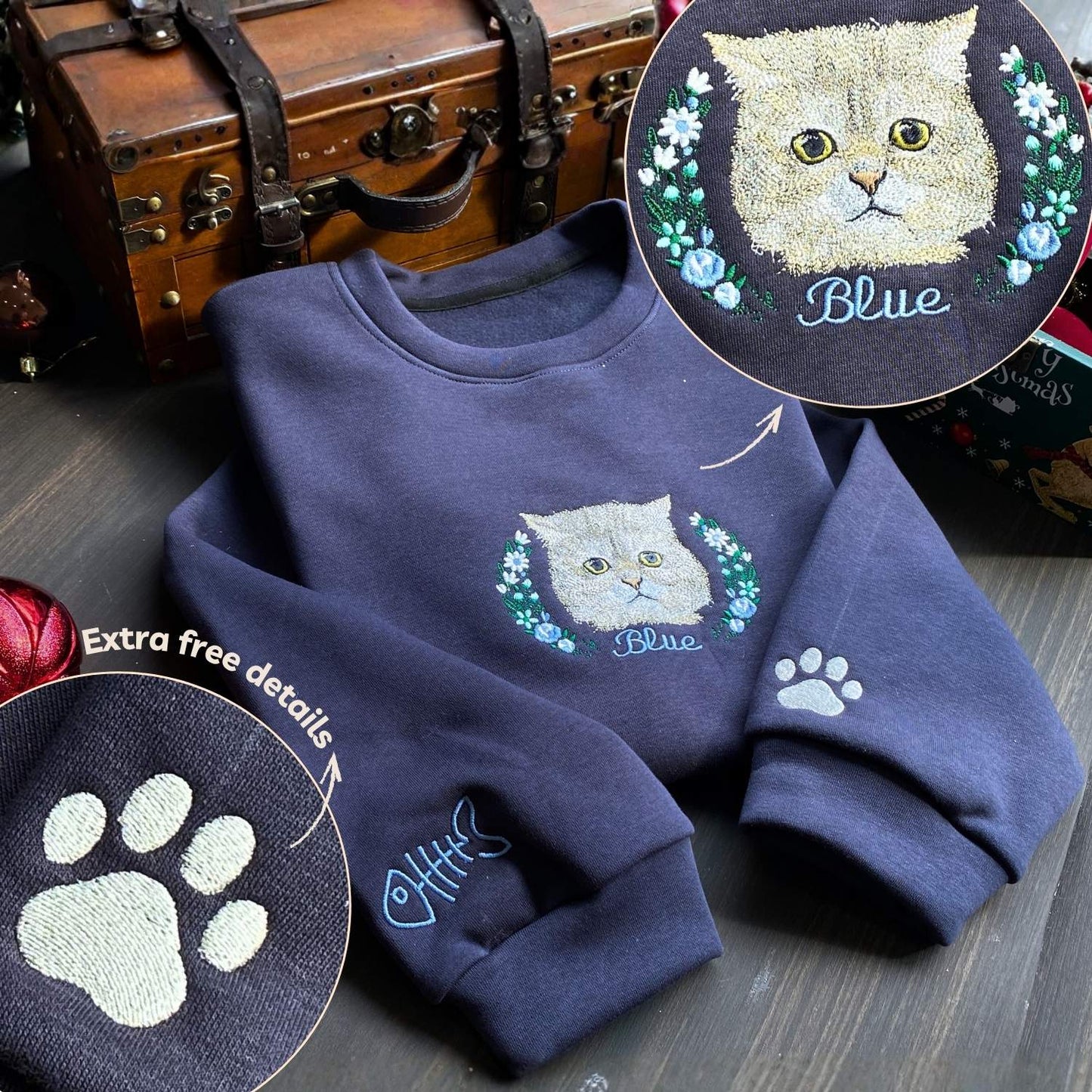 Mẫu thêu áo sweater thú cưng phối hoa chuyển thể từ ảnh trên áo nỉ xanh, tặng hai hình thêu trên tay áo