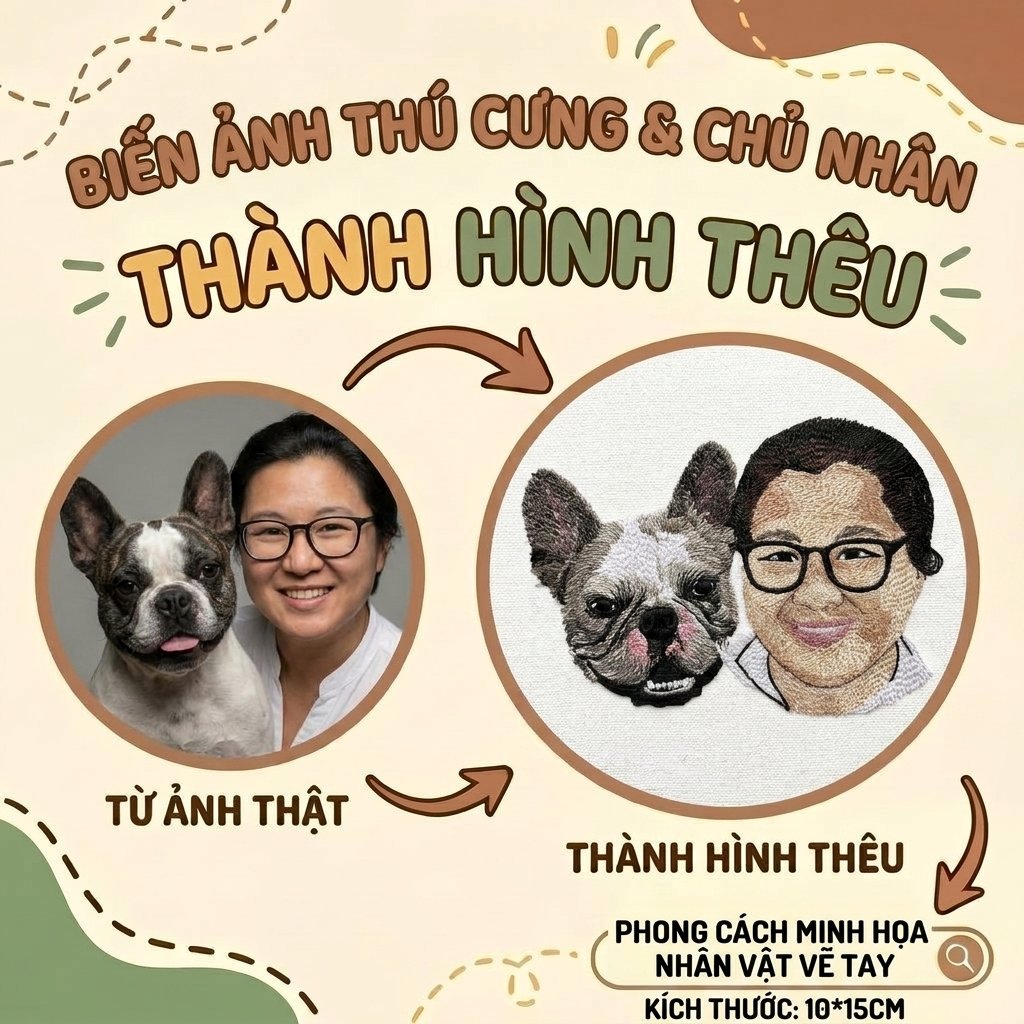 Thêu gảy sợi chi tiết tả thực toàn thân Bạn thân và thú cưng Vẽ tay từng sợi lông từ ảnh thật