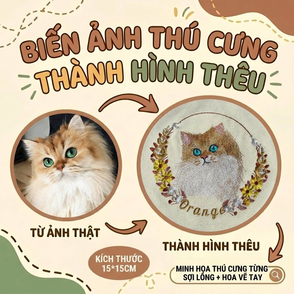 Thêu gảy sợi chi tiết tả thực gương mặt Mèo Vẽ tay từng sợi lông Phối khung hoa từ ảnh thật