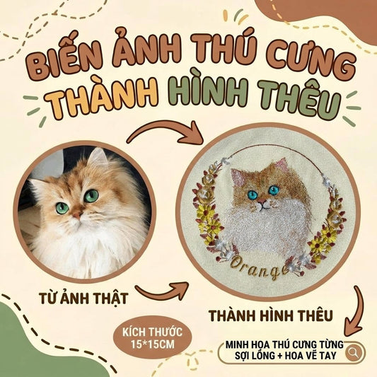Thêu gảy sợi chi tiết tả thực gương mặt Mèo Vẽ tay từng sợi lông Phối khung hoa từ ảnh thật