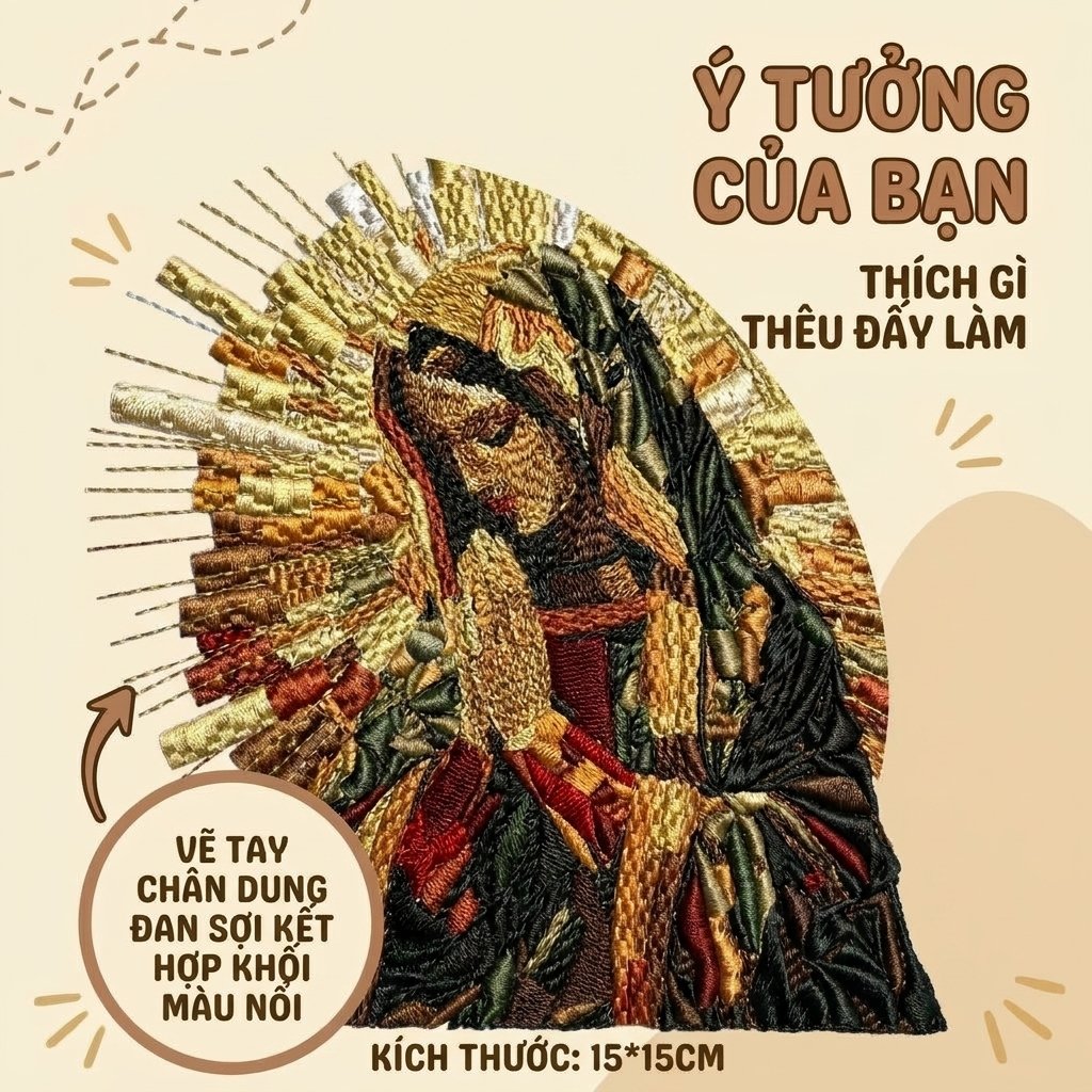 Thêu chân dung đổ bóng kết hợp khối màu nổi phong cách phục hưng, cá nhân hóa sản phẩm thời trang cá nhân hóa theo ý tưởng khách hàng