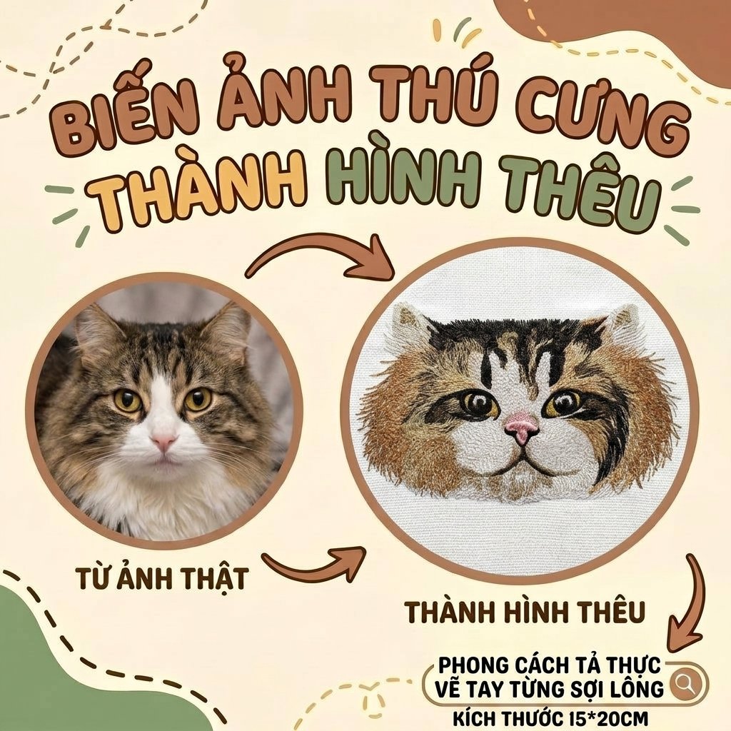 Thêu gảy sợi chi tiết tả thực gương mặt Mèo lớn sống động Vẽ tay từng sợi lông theo yêu cầu
