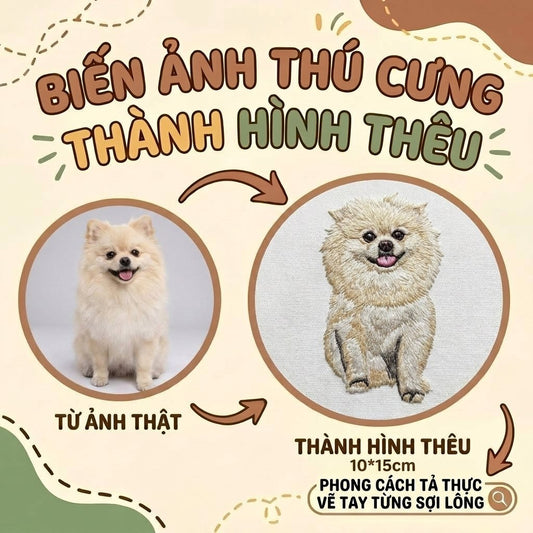 Thêu gảy sợi chi tiết tả thực toàn thân Cún cưng Vẽ tay chuyển màu lông theo yêu cầu