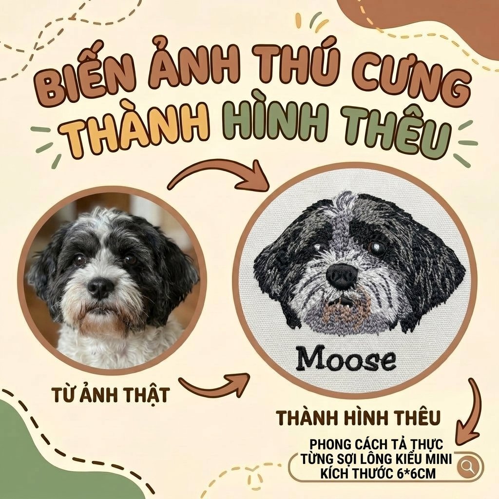 Thêu gảy sợi chi tiết tả thực size mini diễn họa bằng tay hình cún cưng theo yêu cầu