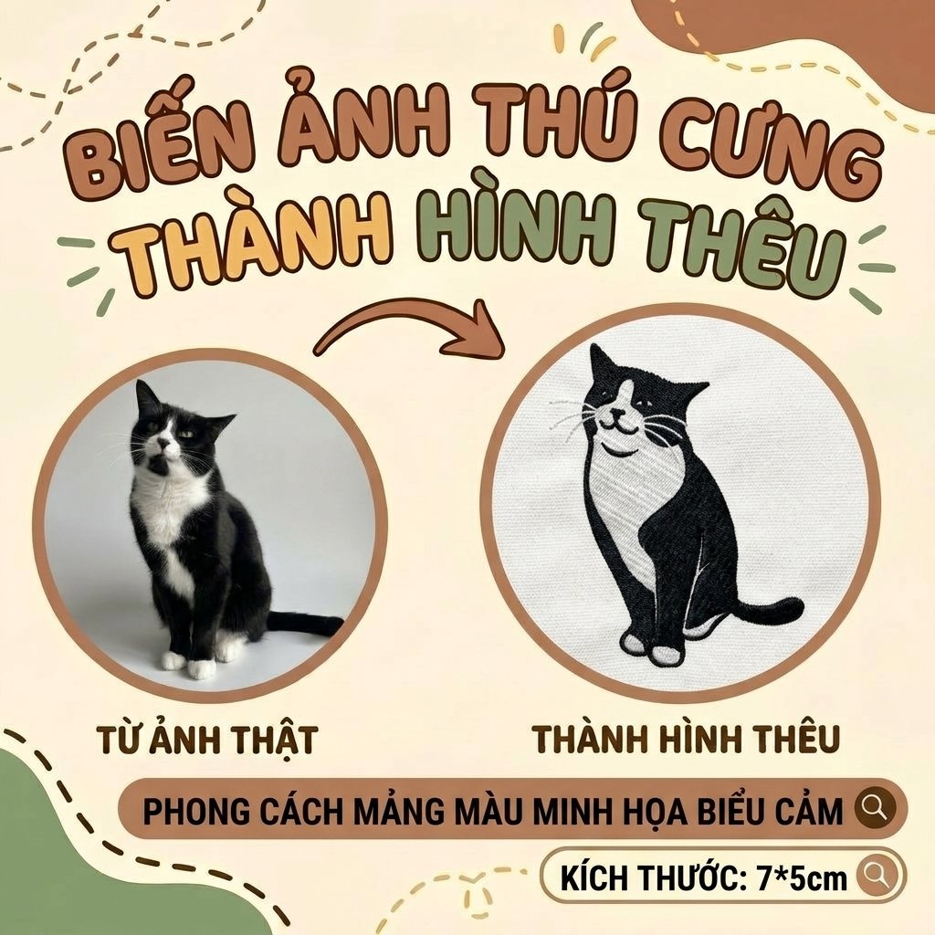 Thêu mảng có màu gương mặt Mèo Vẽ tay cường điệu biểu cảm theo yêu cầu