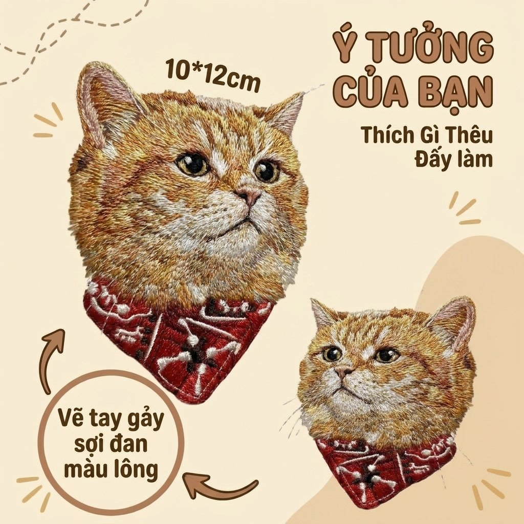 Thêu gảy sợi chi tiết tả thực từ ý tưởng hoặc hình ảnh thú cưng size logo bán thân