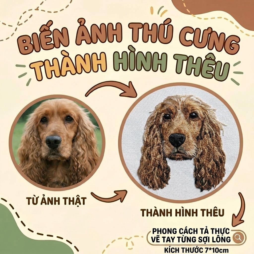 Thêu gảy sợi chi tiết tả thực gương mặt Cún cưng Vẽ tay từng sợi lông từ ảnh thật