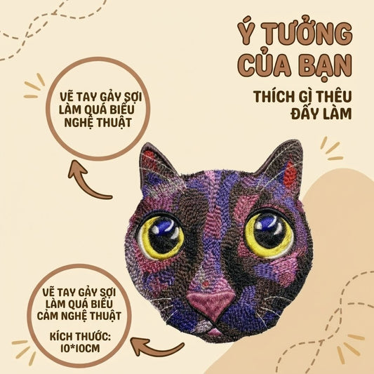 Thêu gảy sợi chi tiết tả thực size quả cam diễn họa bằng tay hình mèo
