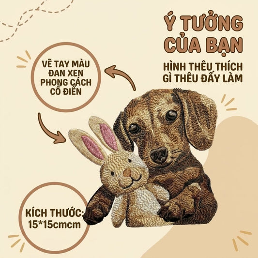 Kiểu thêu nhân hóa hình ảnh thú cưng làm sản phẩm thời trang độc bản theo yêu cầu khách hàng