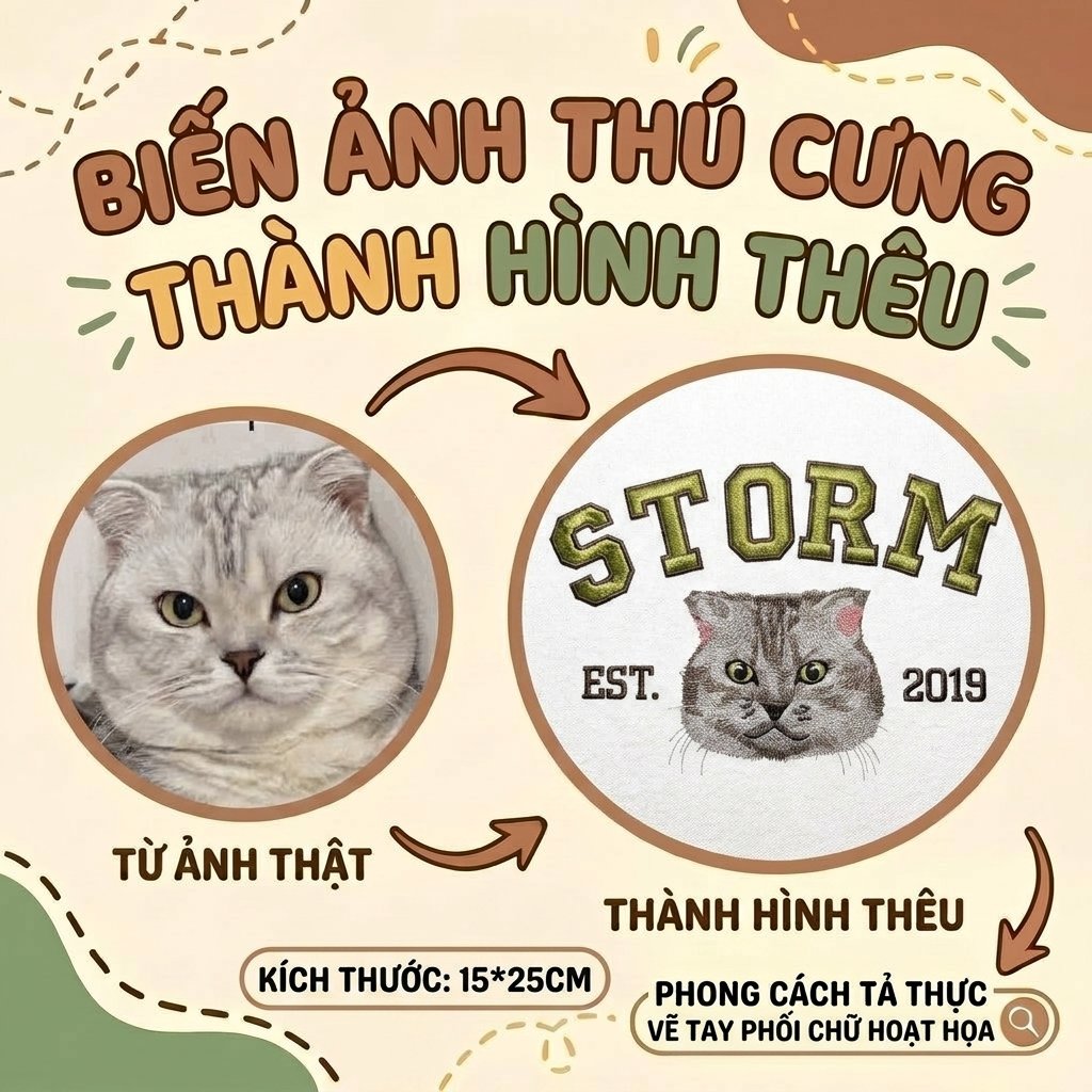 Thêu gảy sợi chi tiết tả thực gương mặt Mèo Vẽ tay từng sợi lông Chữ lớn cartoon từ ảnh thật