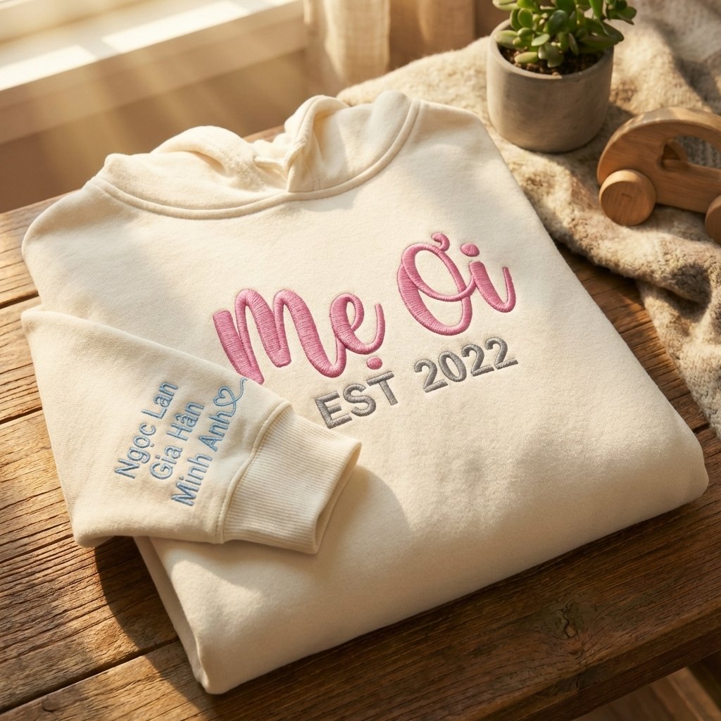 Áo hoodie thêu chữ Mẹ Ơi, năm làm mẹ kèm tên con ở tay áo, quà Ngày của Mẹ tặng mẹ, được chọn kiểu áo