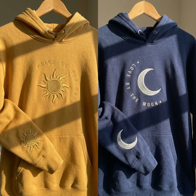 Áo hoodie thêu mặt trời mặt trăng và chân dung từ ảnh ở tay áo, tặng cặp đôi, được chọn kiểu áo