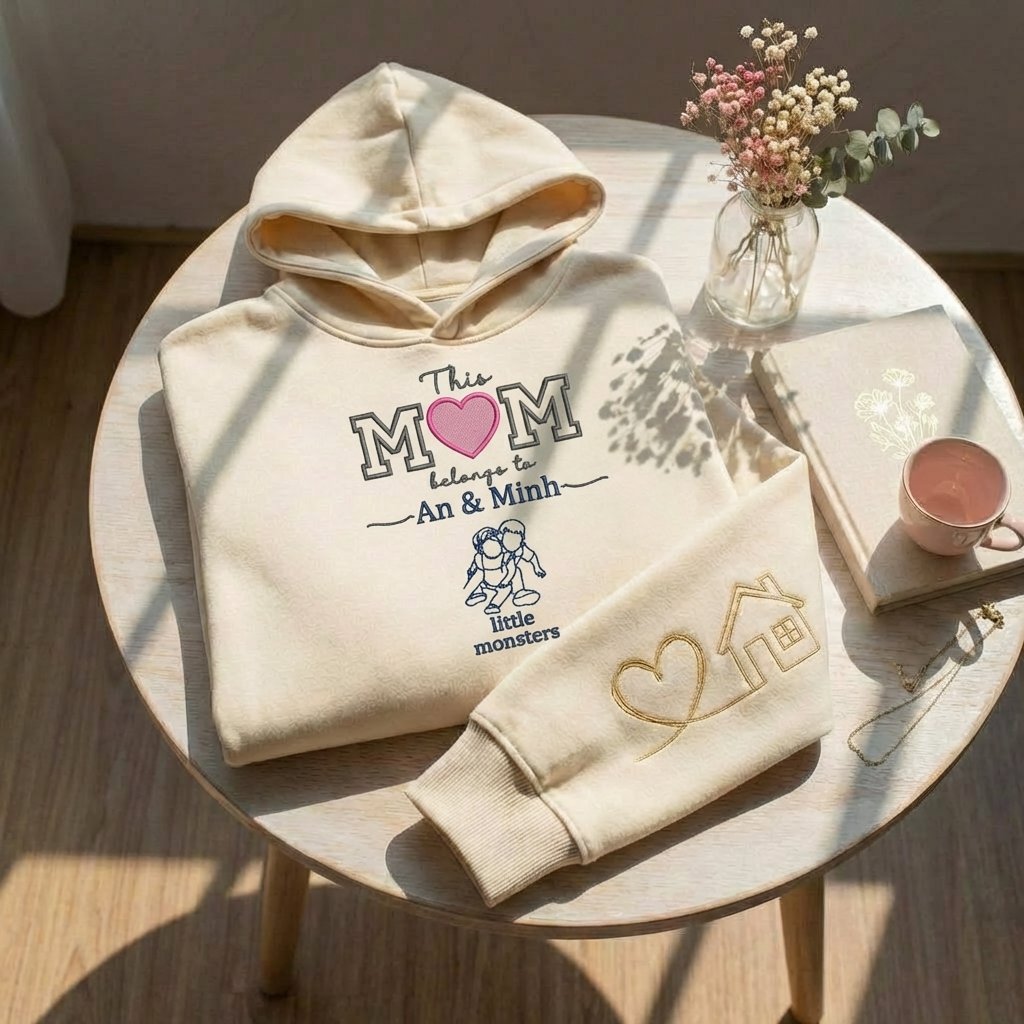 Áo hoodie cá nhân hóa thêu chủ đề đây là mẹ của + hình ảnh thật kèm tên con, tặng mẹ và vợ trong các dịp lễ, thêm icon tay áo, được chọn kiểu áo