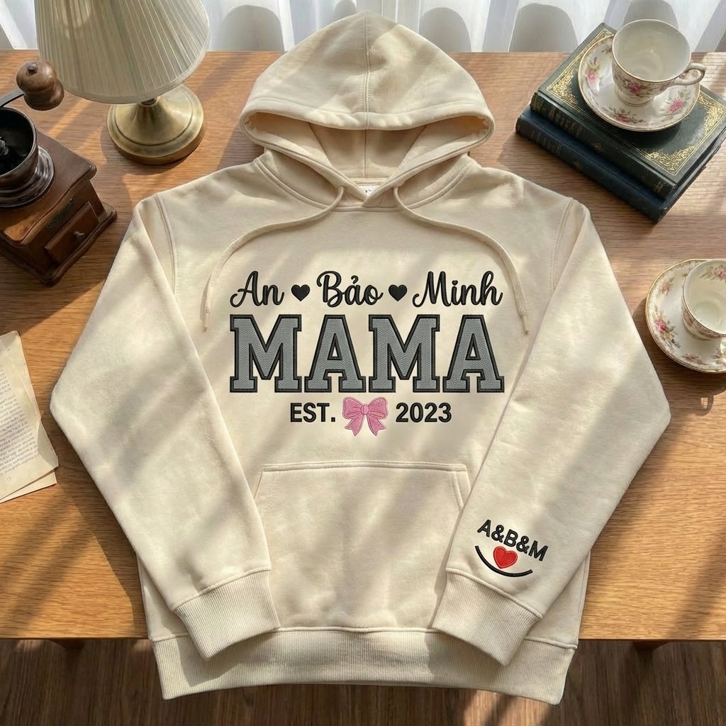 Áo sơ mi thêu chữ Mẹ với nơ điệu đà và năm làm mẹ, tên con cá nhân hóa riêng, tặng mẹ, được chọn kiểu áo