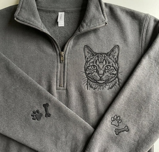 Áo sweater thêu mèo từ ảnh thật chủ thú cưng chụp, thêu biệt danh và icon kèm theo, quà cá nhân hóa vẽ tay từng sợi lông dành cho người yêu mèo, được chọn kiểu áo