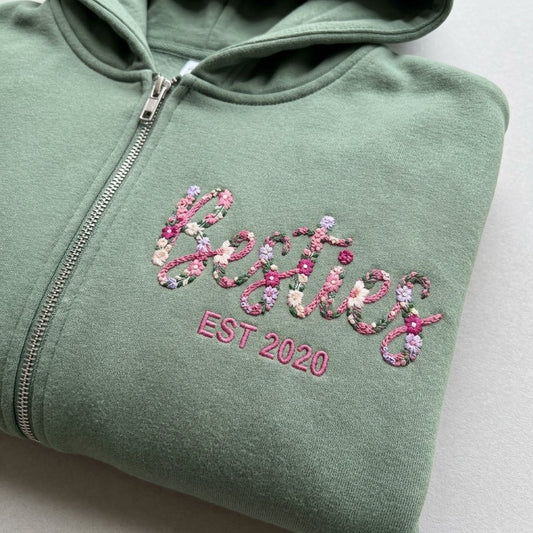 Áo hoodie thêu đồ đôi tình bạn, tặng đôi bạn thân, được chọn kiểu áo, cá nhân hóa phối hoa và thêm tên riêng, năm kết bạn