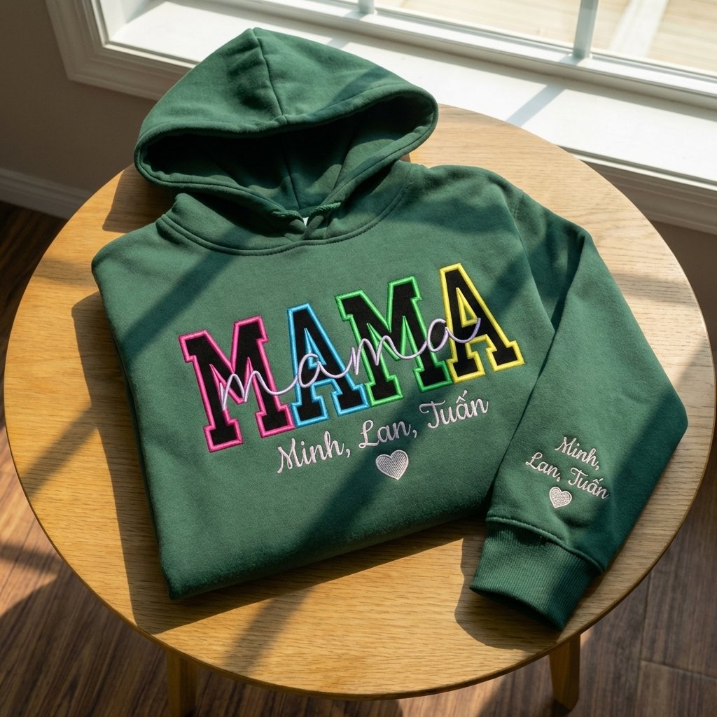 Áo hoodie thêu chữ Mẹ với họa tiết trái tim, cá nhân hóa đặc biệt với năm sinh và tên của các con, tùy chỉnh màu sắc chỉ và kiểu thêu, quà Ngày của Mẹ tặng mẹ, được chọn kiểu áo