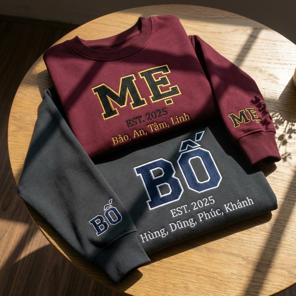 Áo sweater thêu chữ Mẹ và Bố, cá nhân hóa với tên con màu sắc nổi bật, tặng quà cho gia đình, lựa chọn màu sắc tùy chỉnh và được chọn kiểu áo