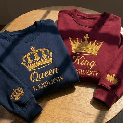 Áo sweater thêu vua và hoàng hậu kèm chân dung từ ảnh, quà đính hôn tặng cặp đôi, được chọn kiểu áo