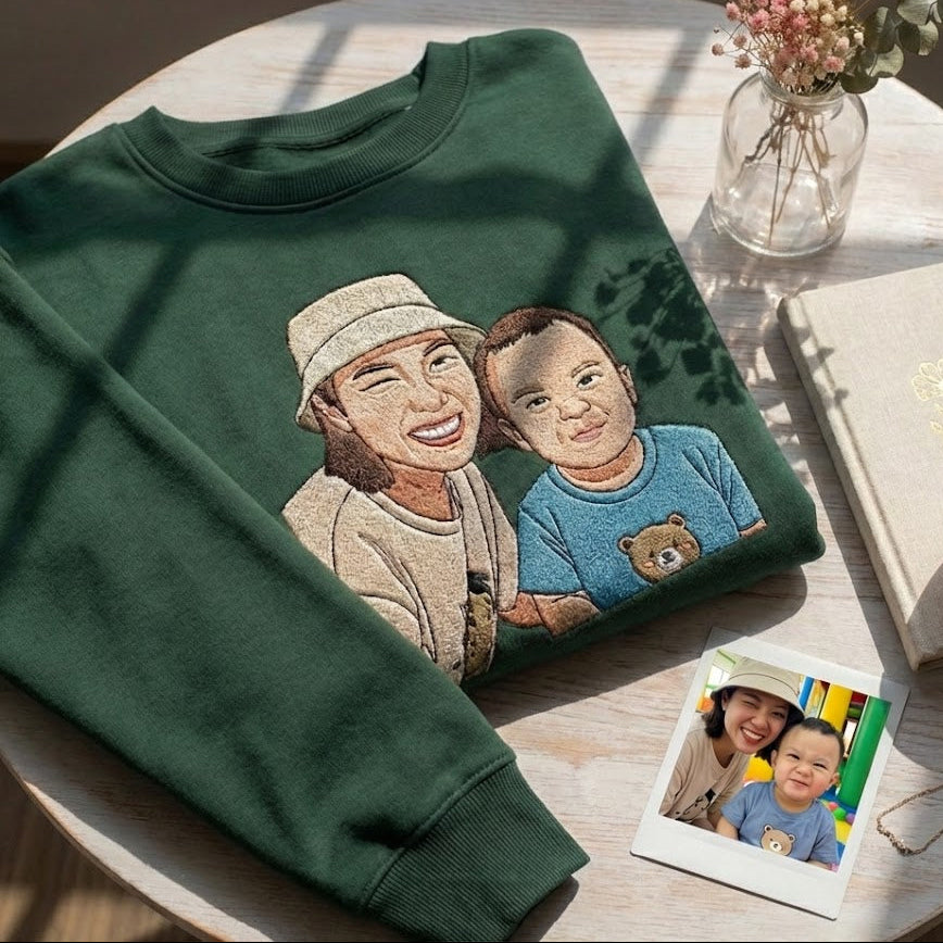 Áo thêu chủ đề tình cảm gia đình cá nhân hóa từ ảnh thật kiểu chi tiết gương mặt, quà Cha tặng mẹ, được chọn kiểu áo
