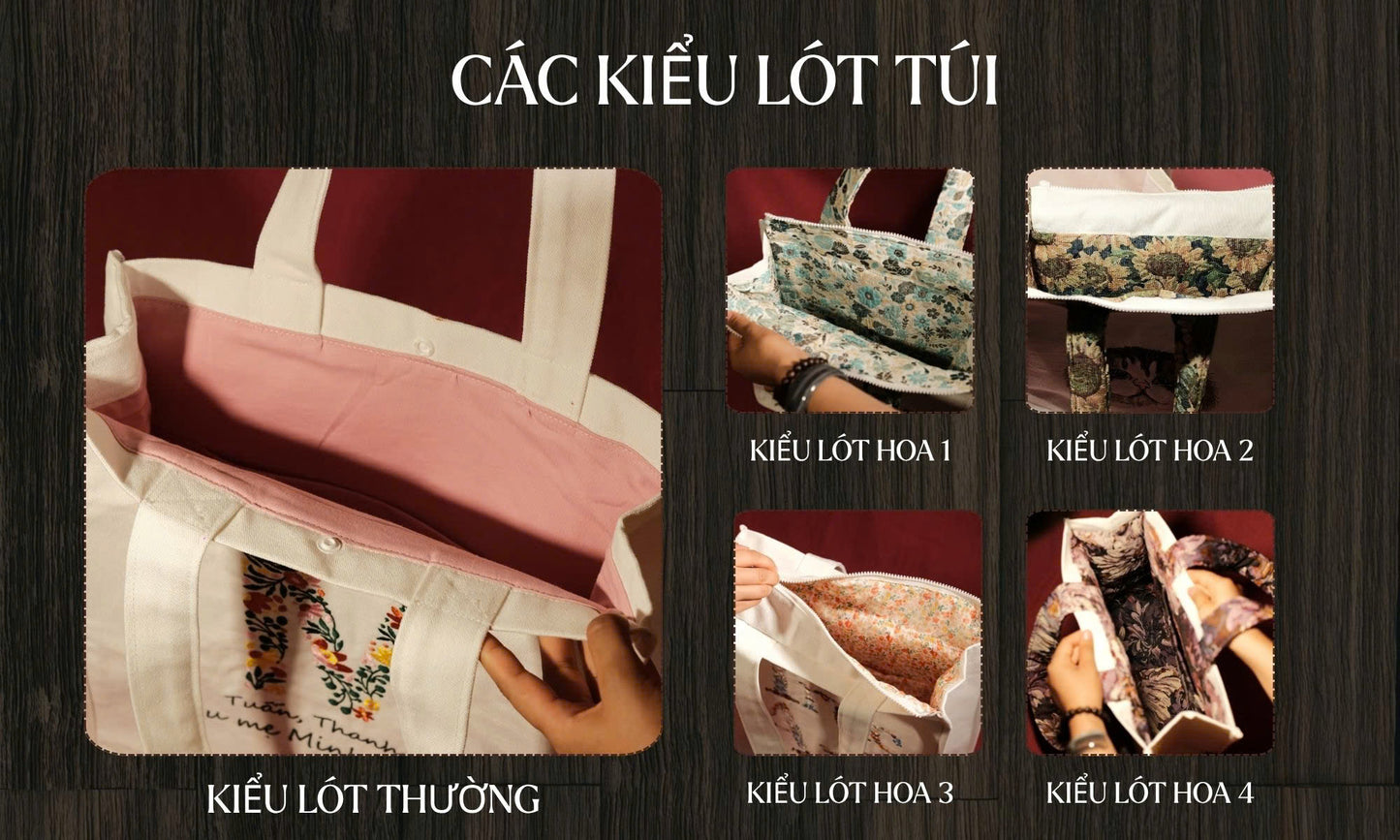Túi tote thêu tên riêng, chữ lớn cách điệu phối cùng chữ trơn kích thước 35x38cm đựng được laptop 16 inch