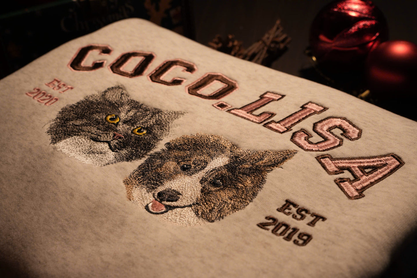 Mẫu thêu hai mặt thú cưng chi tiết chuyển thể từ ảnh+ phối chữ nổi lớn phong cách hoạt họa trên áo sweater trắng tiêu